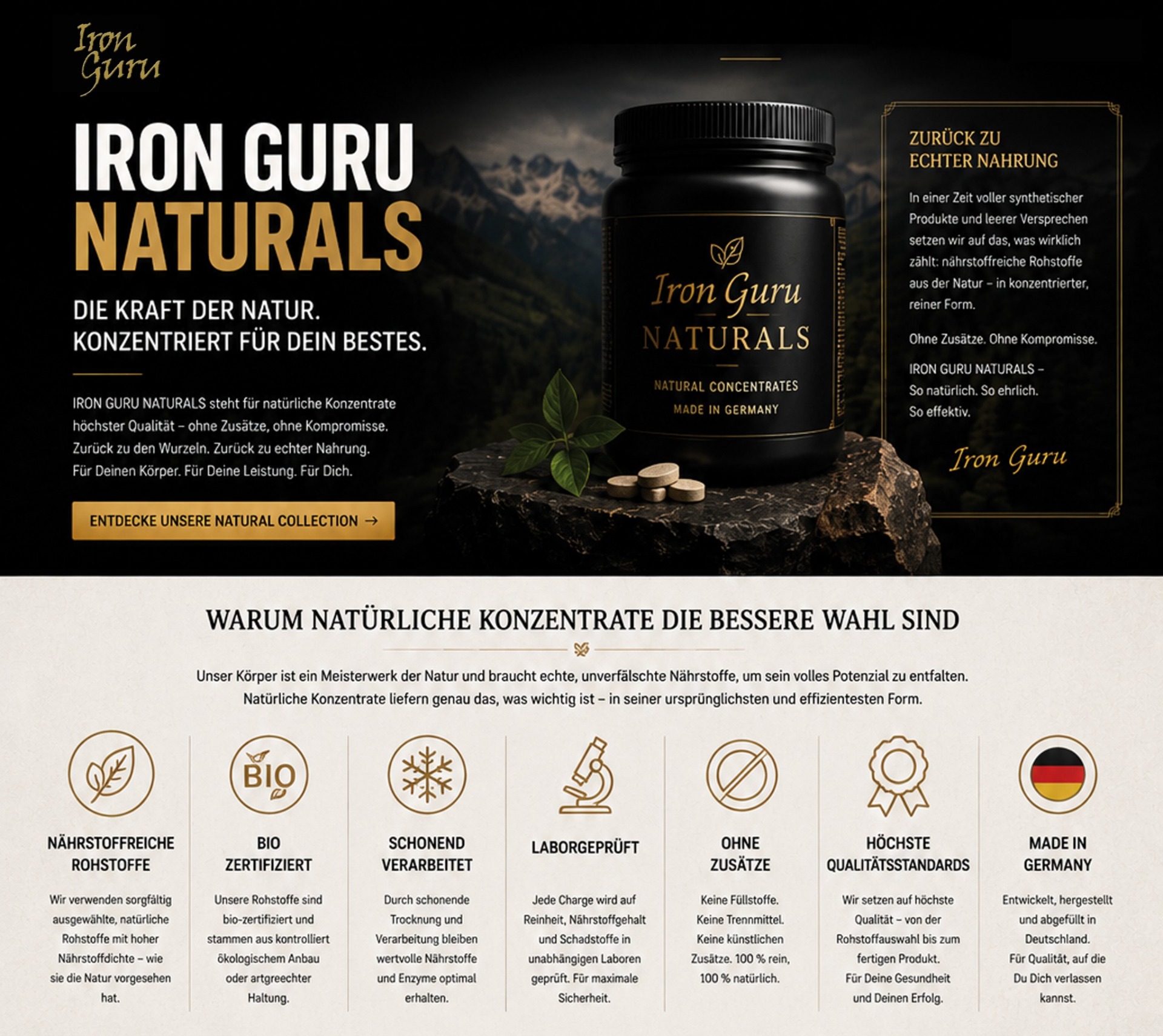 Werbebanner für Iron Guru Naturals: Dose auf Felsen mit Blatt, Text und Qualitäts-Siegeln, Bergkulisse im Hintergrund.